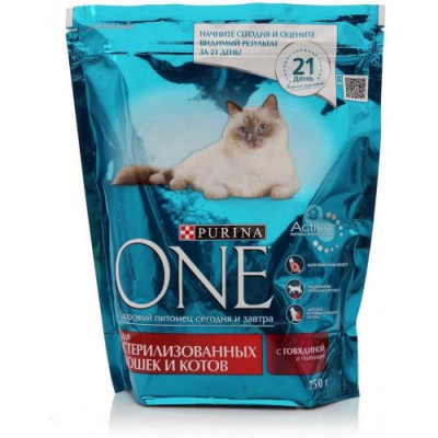 PURINA ONE Корм сухой д/стерелиз. кошек с говядиной и пшеницей 750гр