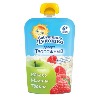 Бабушкино Лукошко Пюре Яблоко, малина творог с 6 мес. 90гр пауч
