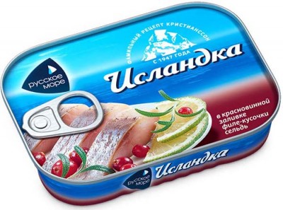Пресервы Русское море Исландка сельдь филе-кусочки в красном вине 115гр ж/б