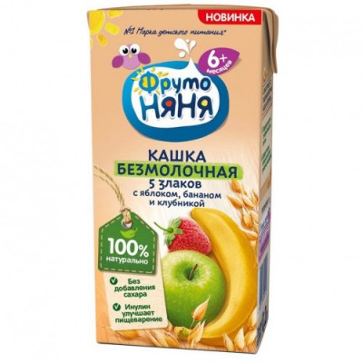 Кашка ФрутоНяня безмолочная из пяти злаков с яблоком, бананом, клубникой 200мл