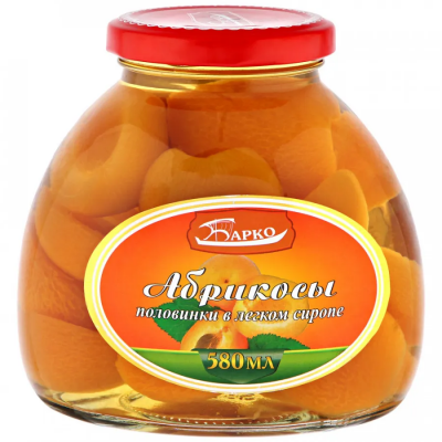 Абрикосы половинки в легком сиропе "Барко" 580мл ст/б