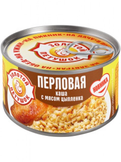 Каша перловая с мясом цыпленка 325гр.ж/б Золотой Петушок