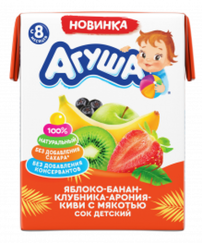 Сок яблоко-банан-клубника-арония-киви с мякот. т/п Агуша 200 мл