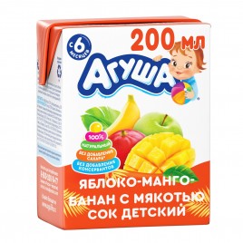 Сок яблоко-банан-манго с мякотью т/п Агуша 200 мл