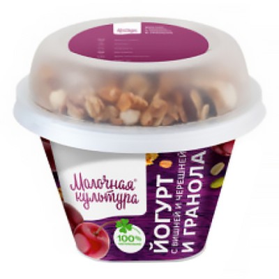 БЗМЖ Йогурт с вишней и черешней и гранола 3,5% 190г стакан Молочная Культура
