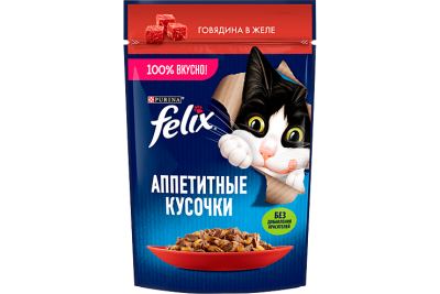 FELIX Корм д/кошек Аппетитные кусочки Говядина в желе 75гр пауч