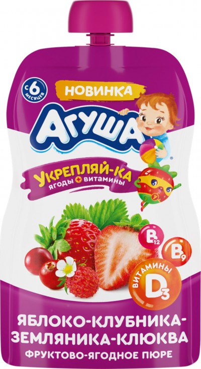 БЗМЖ Пюре Укрепляй-ка яблоко-клубника-земляника-клюква Агуша 80гр дой пак